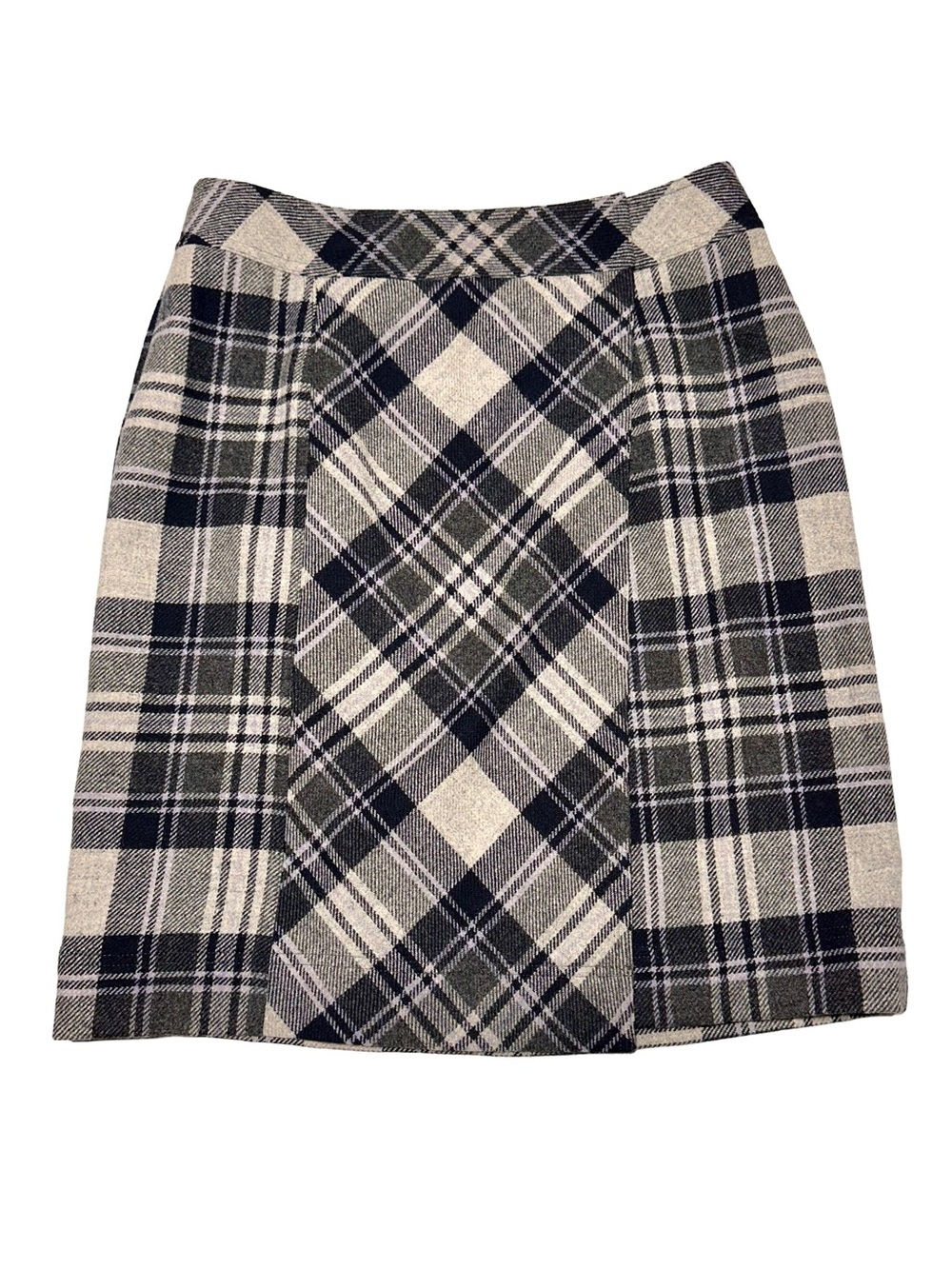 Brooks Brothers Wool Plaid Wrap Skirt Gray Black Tartan Preppy Office Fall US 10